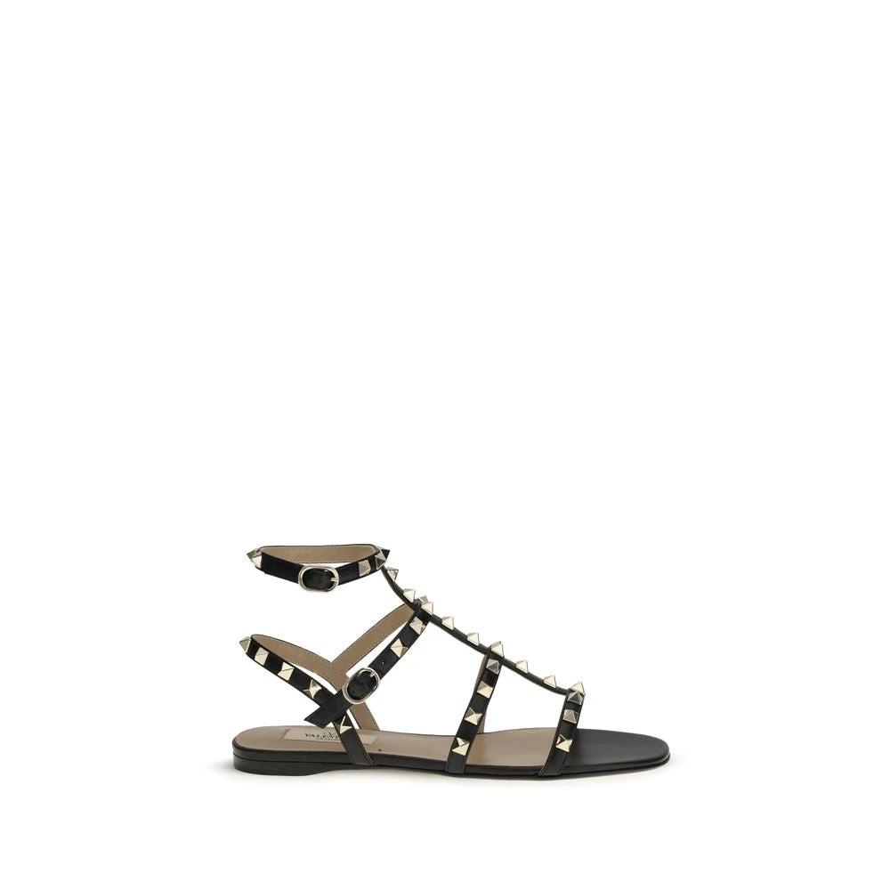 Valentino Garavani Black Calf Leather Bos Taurus Flat Sandals by Valentino Garavani