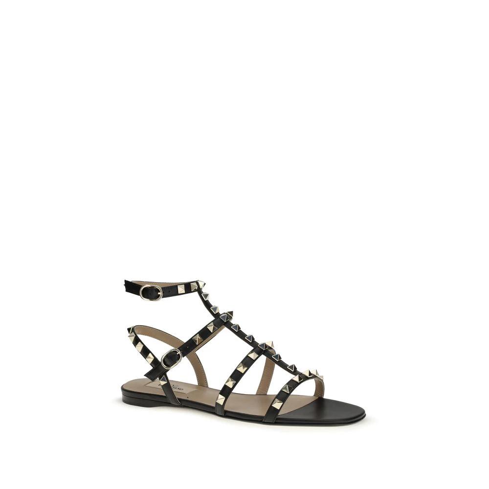 Valentino Garavani Black Calf Leather Bos Taurus Flat Sandals by Valentino Garavani