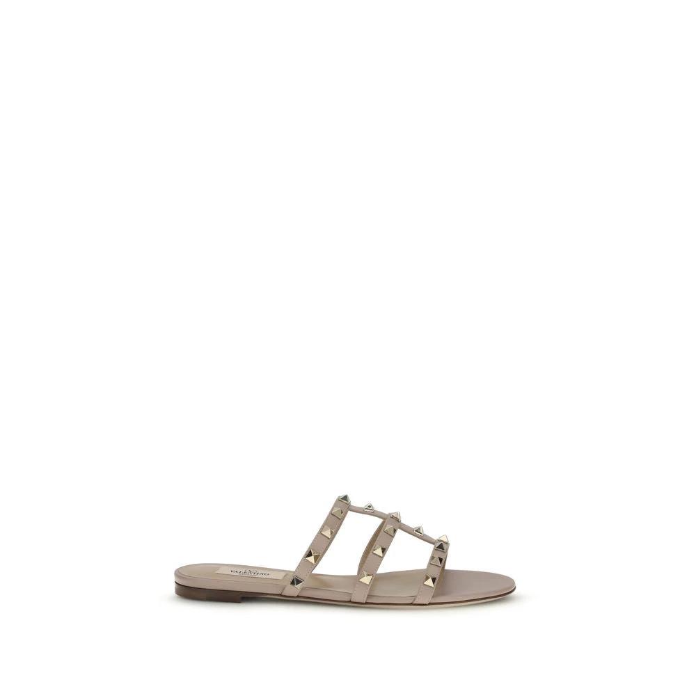 Valentino Garavani Beige Calf Leather Bos Taurus Flat Sandals by Valentino Garavani