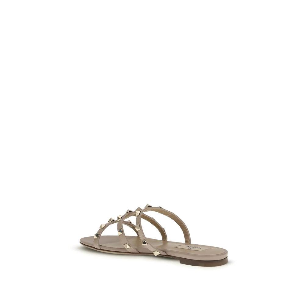 Valentino Garavani Beige Calf Leather Bos Taurus Flat Sandals by Valentino Garavani
