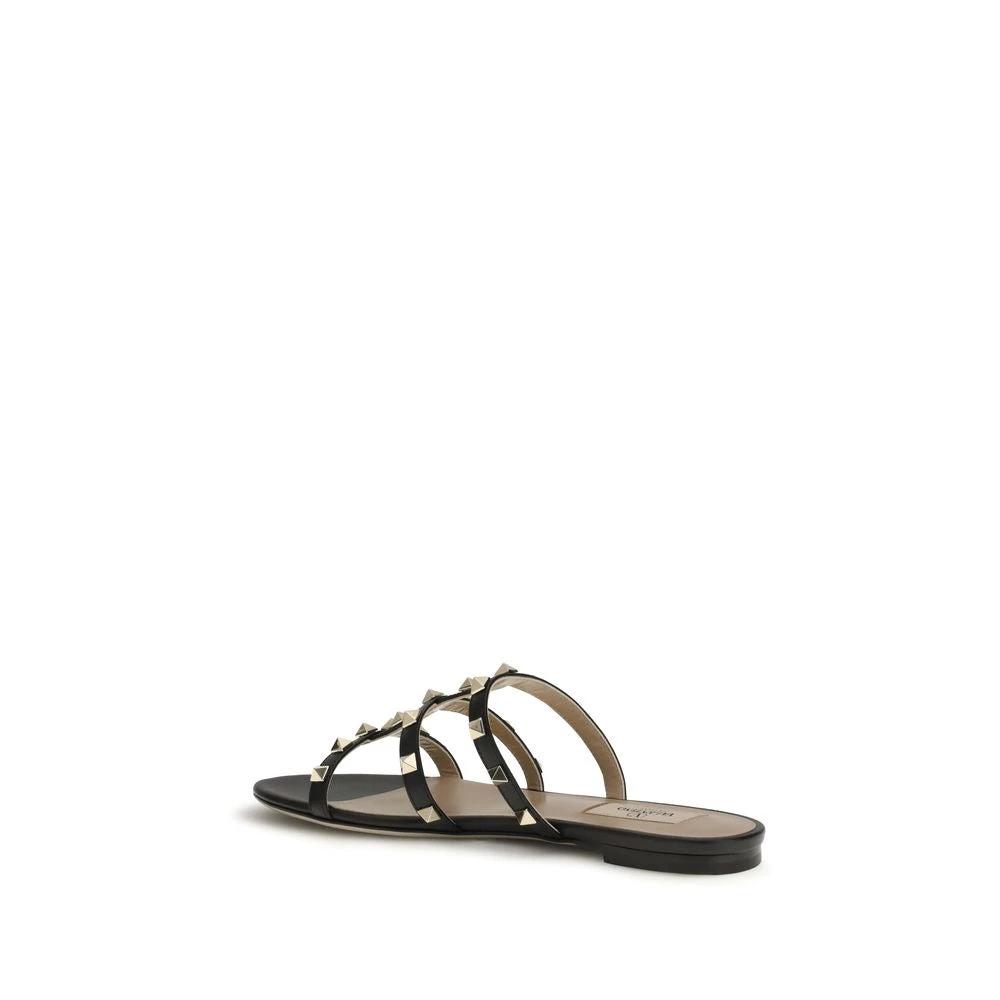 Valentino Garavani Black Calf Leather Bos Taurus Flat Sandals by Valentino Garavani