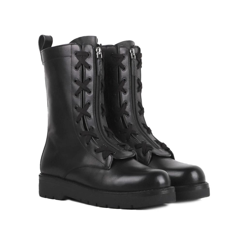 Valentino Garavani Black Calfskin Lace-Up Boots by Valentino Garavani