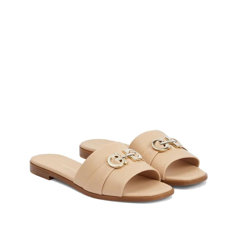 Salvatore Ferragamo Beige Calfskin Flat Sandals by Salvatore Ferragamo