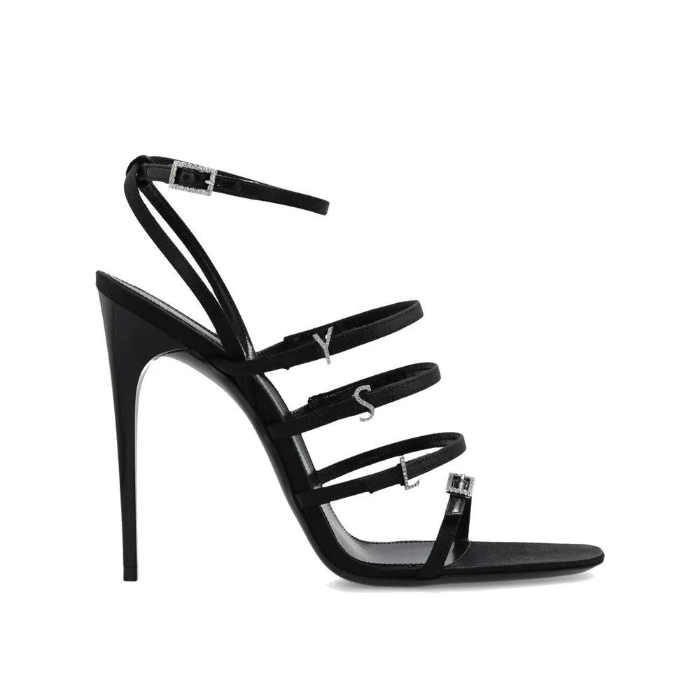 Saint Laurent Black Silk Stiletto Heel Sandals by Saint Laurent