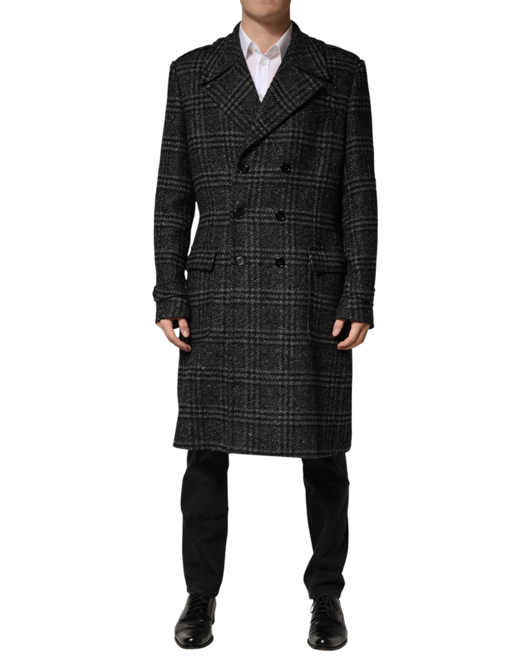Dolce & Gabbana Grey Double Breasted Plaid Wool Coat Jacket by Dolce & Gabbana