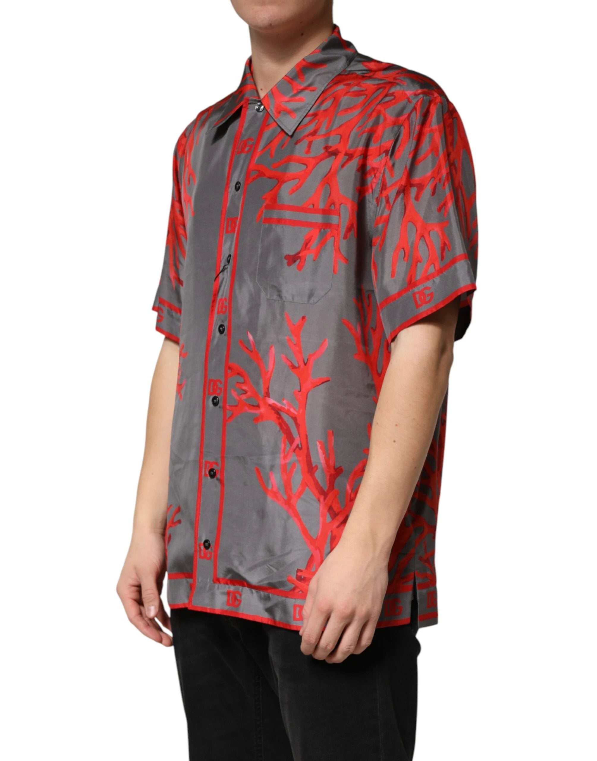 Dolce & Gabbana Gray Red Corals Short Sleeves Casual Shirt by Dolce & Gabbana