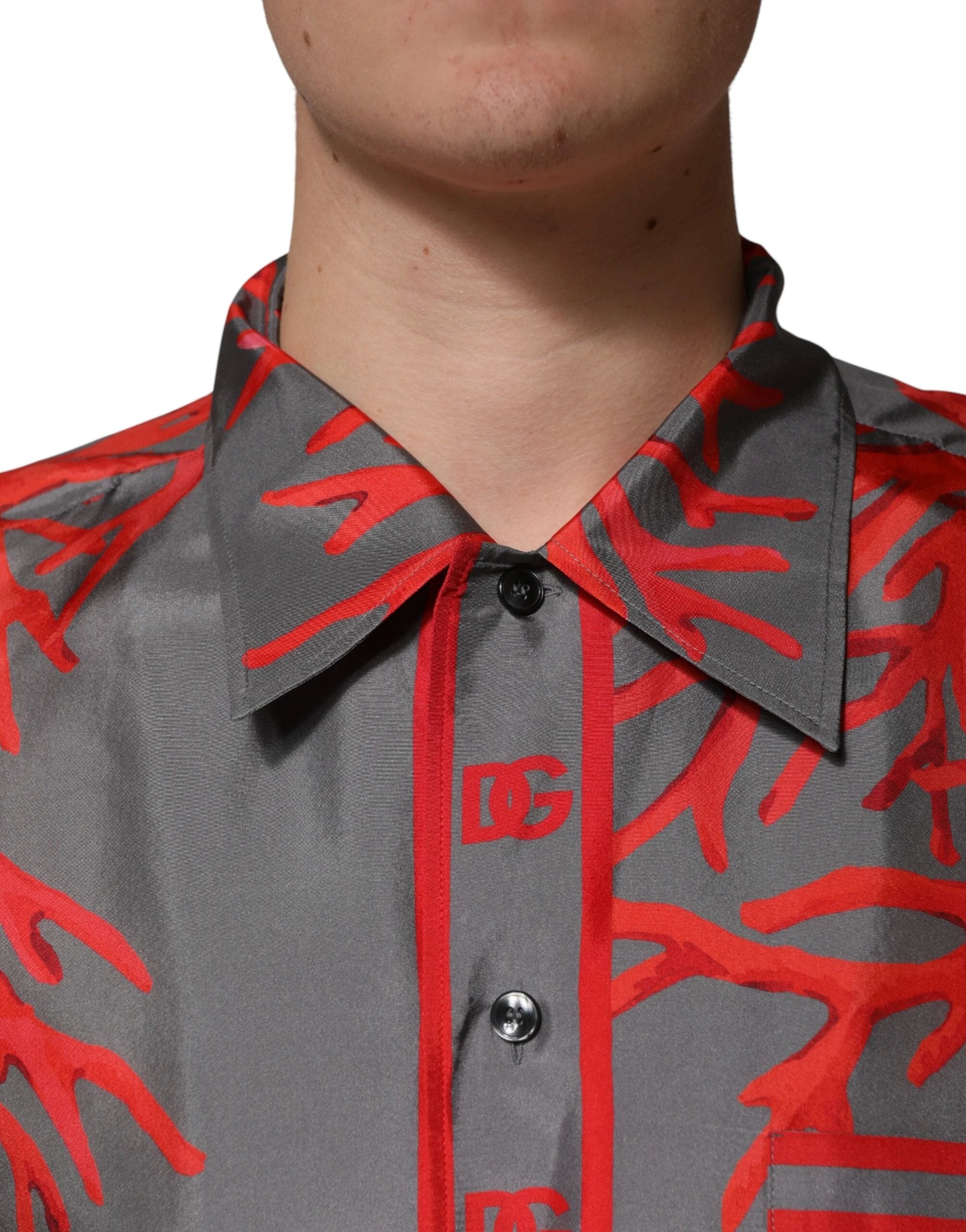Dolce & Gabbana Gray Red Corals Short Sleeves Casual Shirt by Dolce & Gabbana