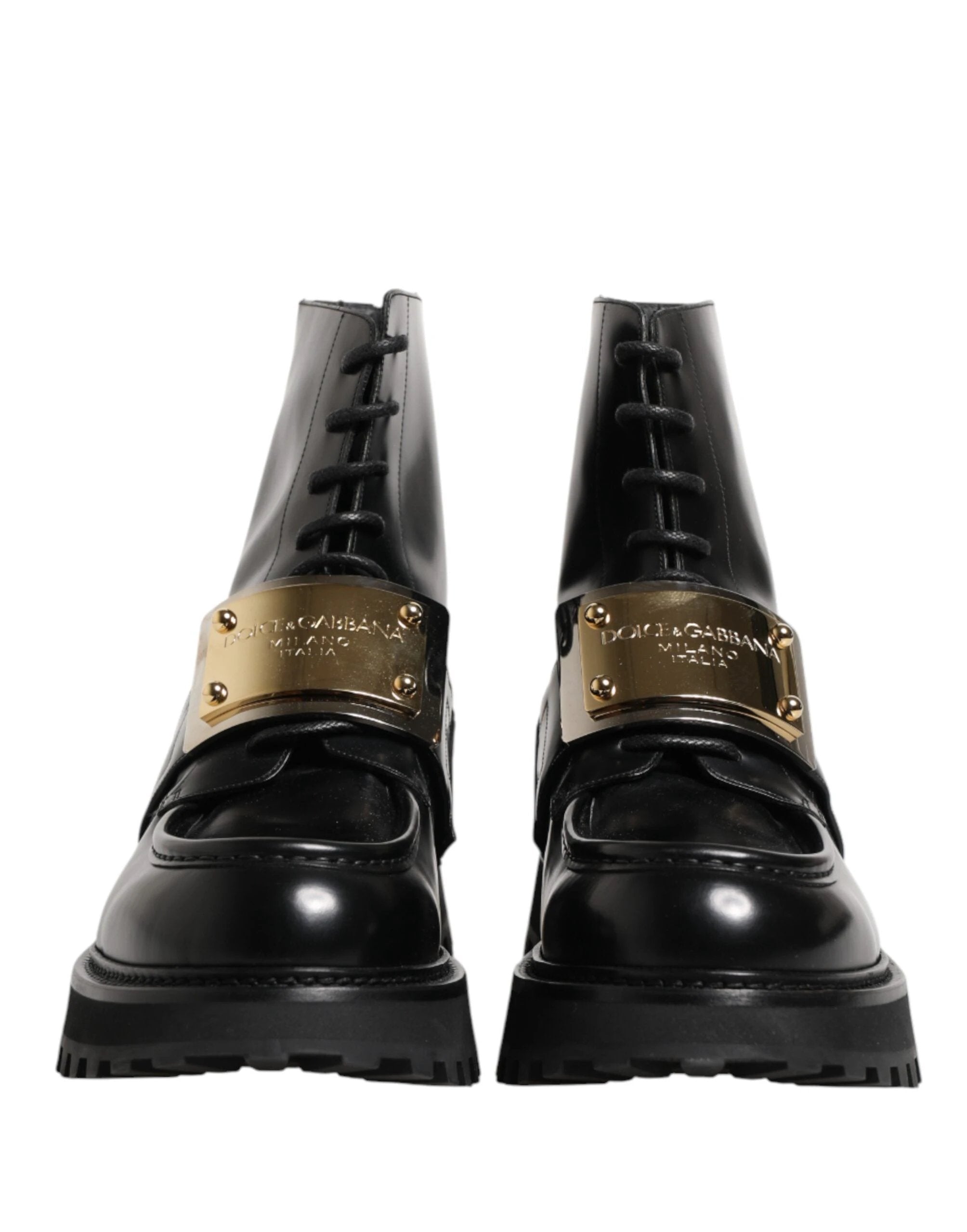 Dolce & Gabbana Black Leather DG Plaque Lace Up Boots Shoes by Dolce & Gabbana
