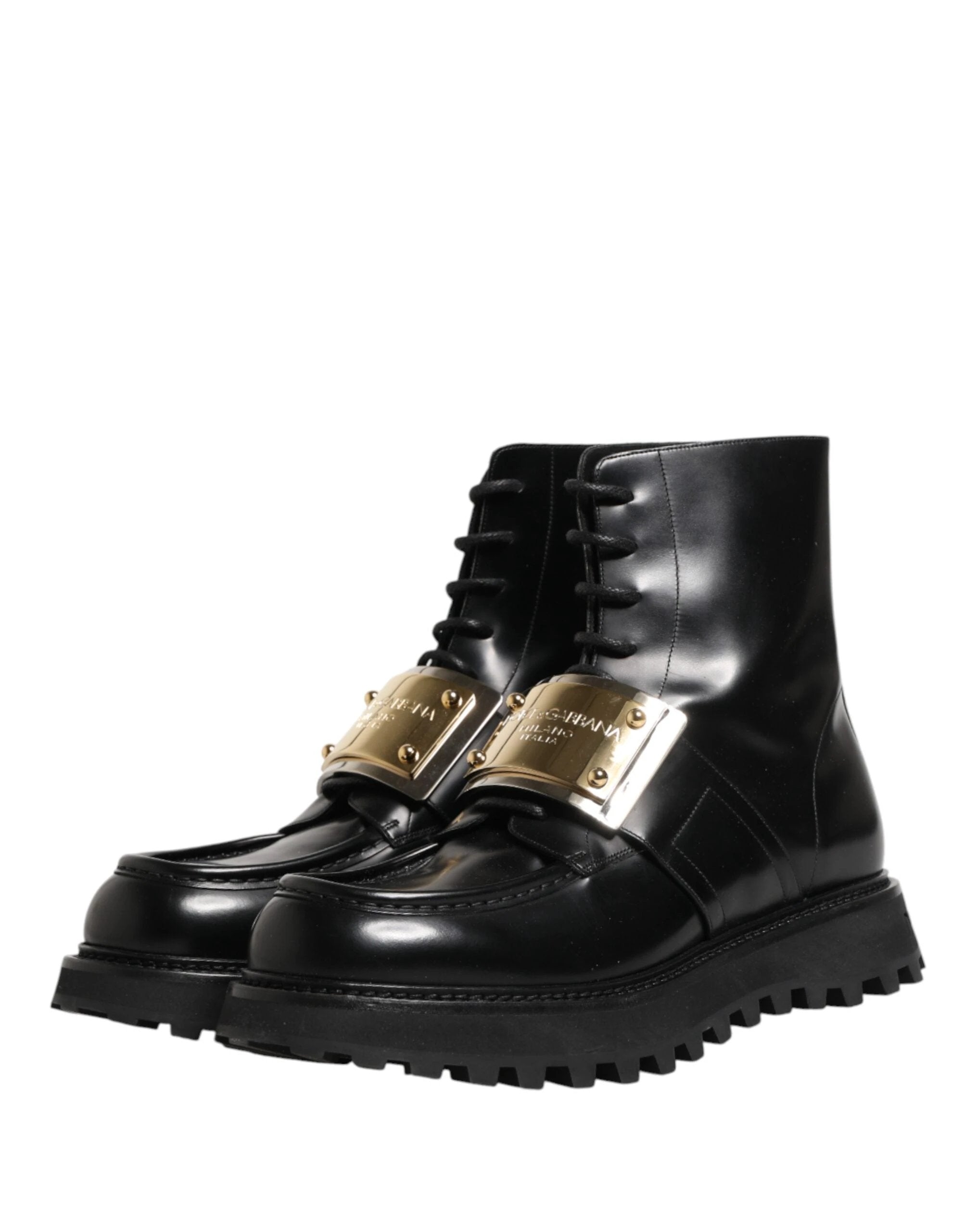 Dolce & Gabbana Black Leather DG Plaque Lace Up Boots Shoes by Dolce & Gabbana