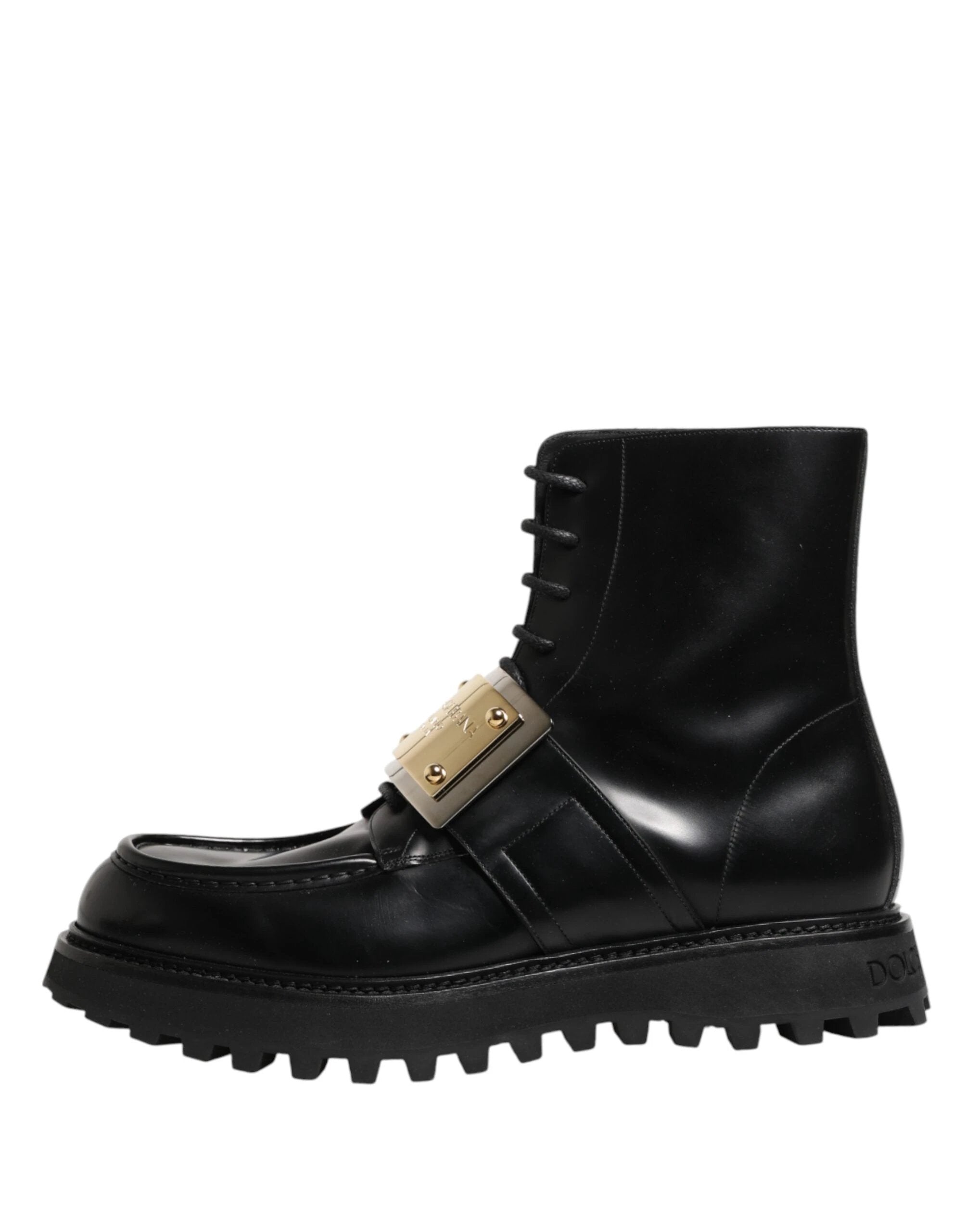 Dolce & Gabbana Black Leather DG Plaque Lace Up Boots Shoes by Dolce & Gabbana