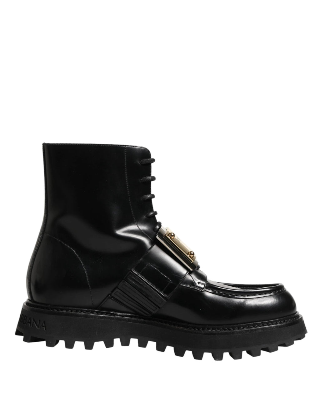 Dolce & Gabbana Black Leather DG Plaque Lace Up Boots Shoes by Dolce & Gabbana