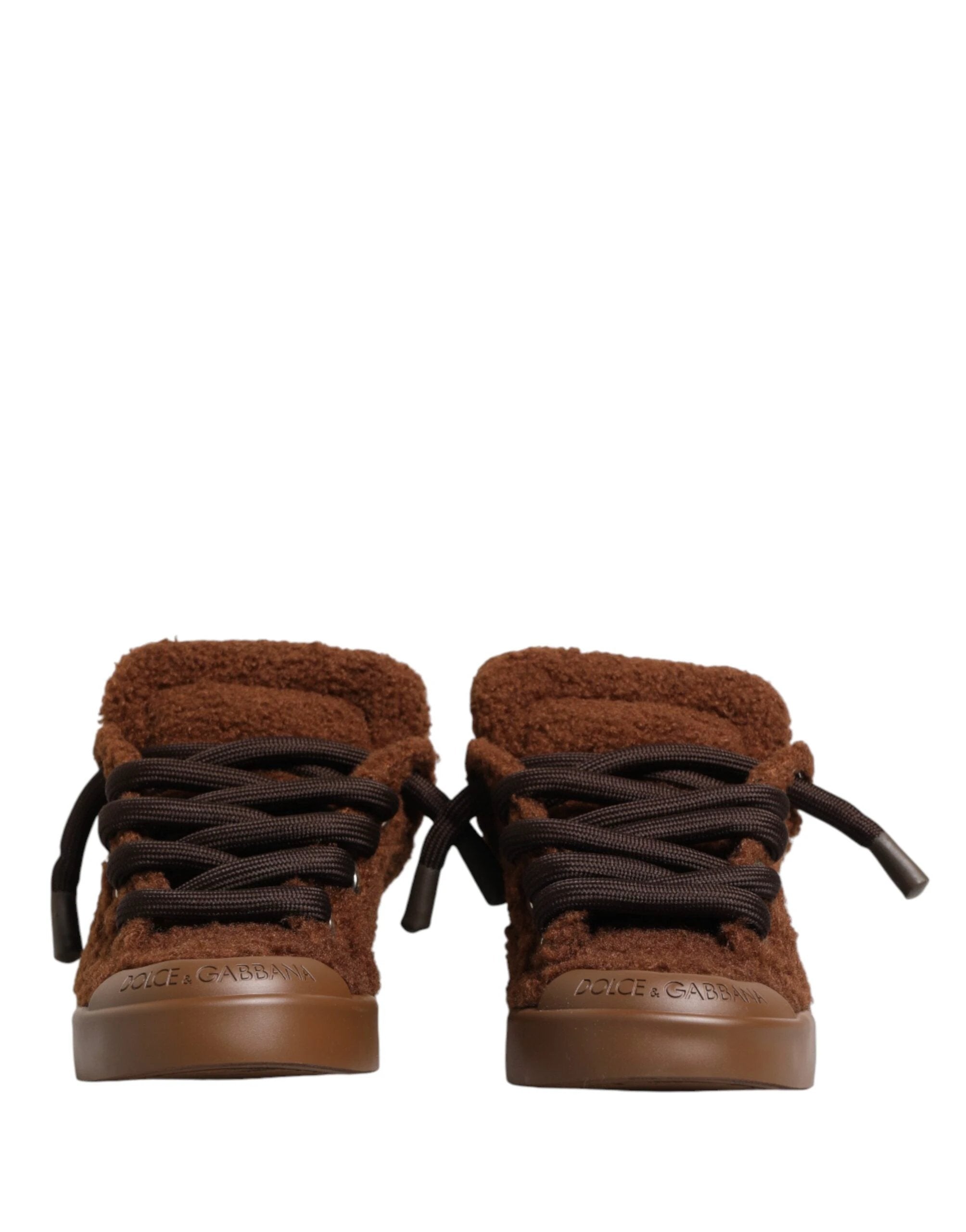 Dolce & Gabbana Brown Faux Shearling Low Top Sneakers Shoes by Dolce & Gabbana