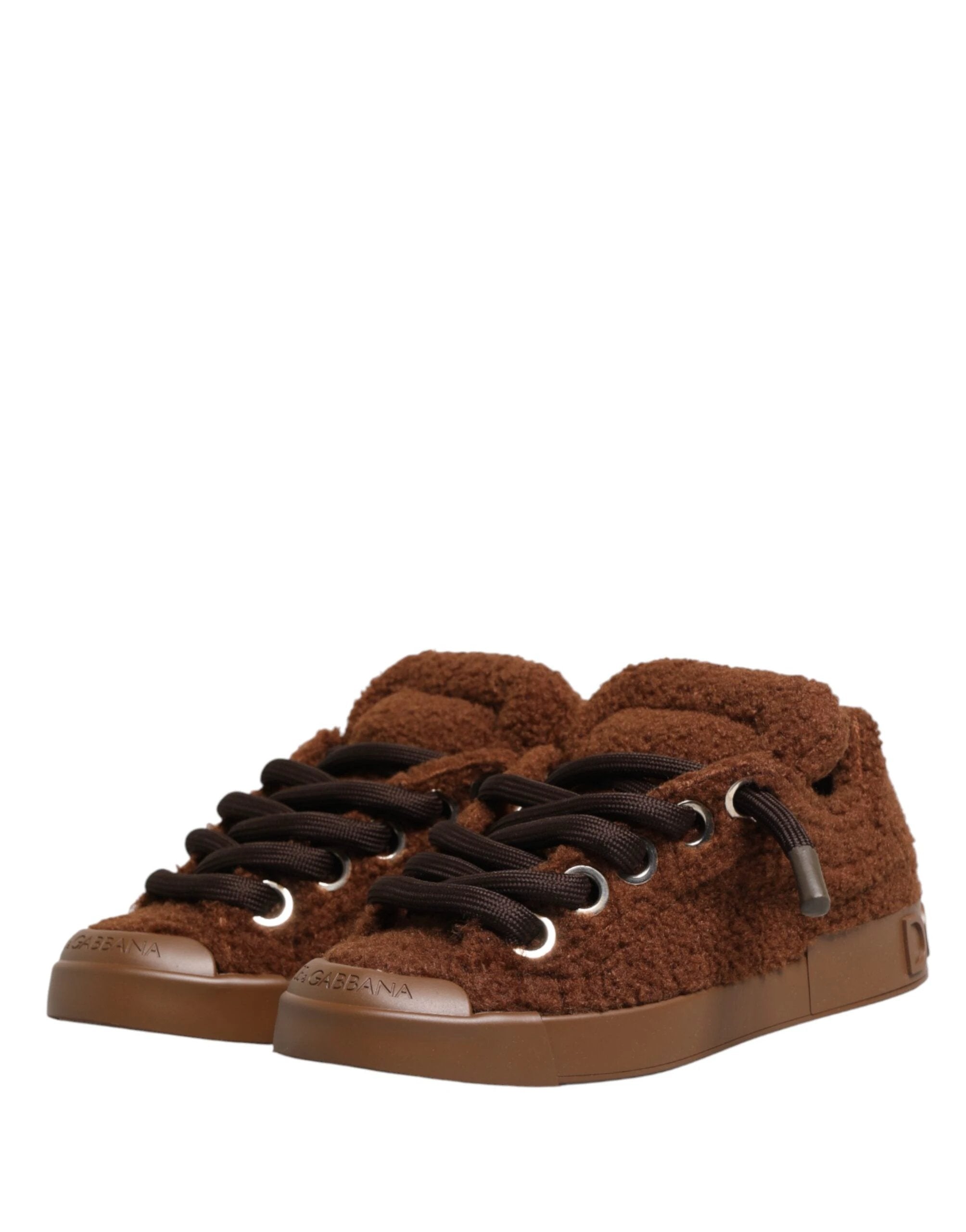 Dolce & Gabbana Brown Faux Shearling Low Top Sneakers Shoes by Dolce & Gabbana