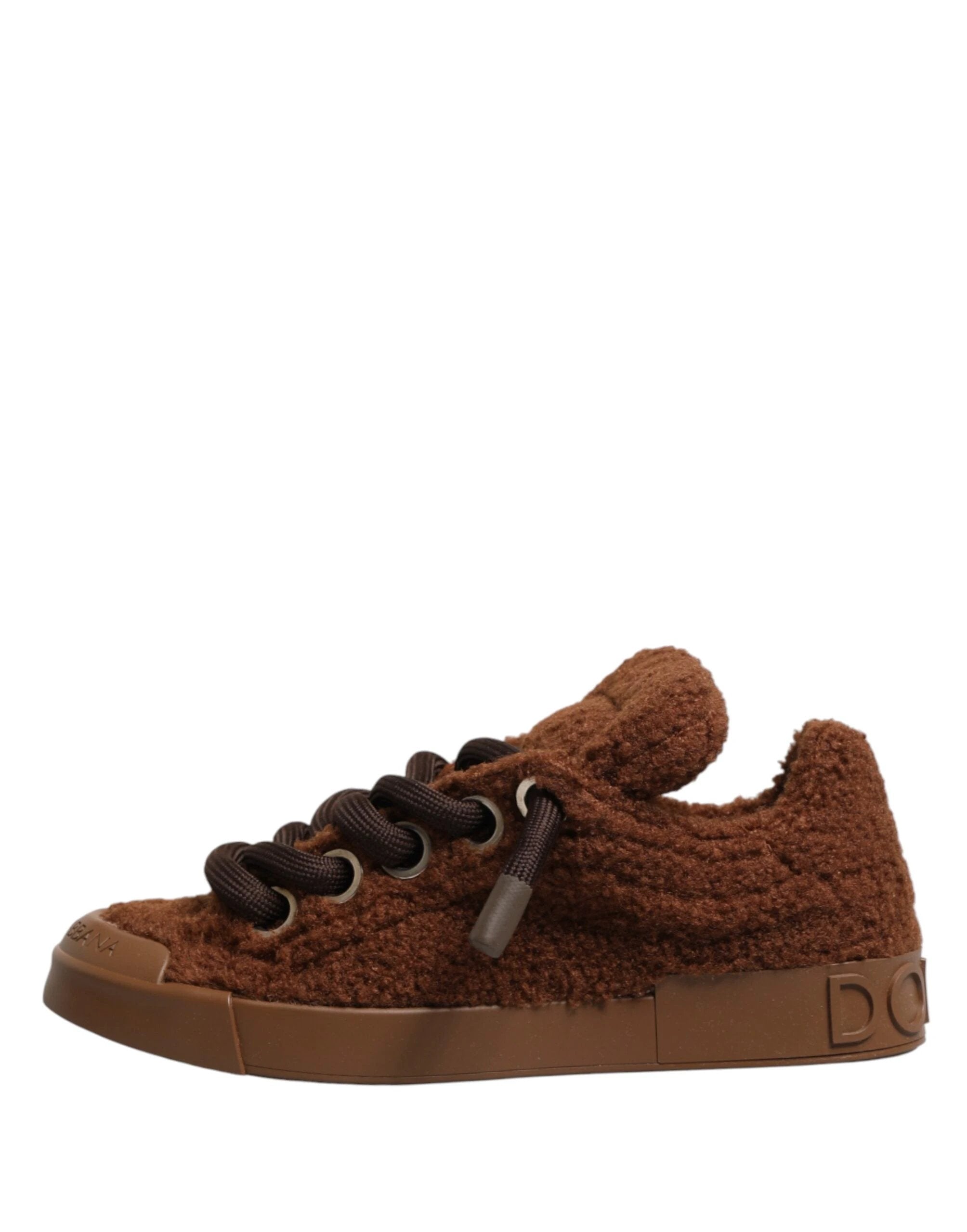 Dolce & Gabbana Brown Faux Shearling Low Top Sneakers Shoes by Dolce & Gabbana