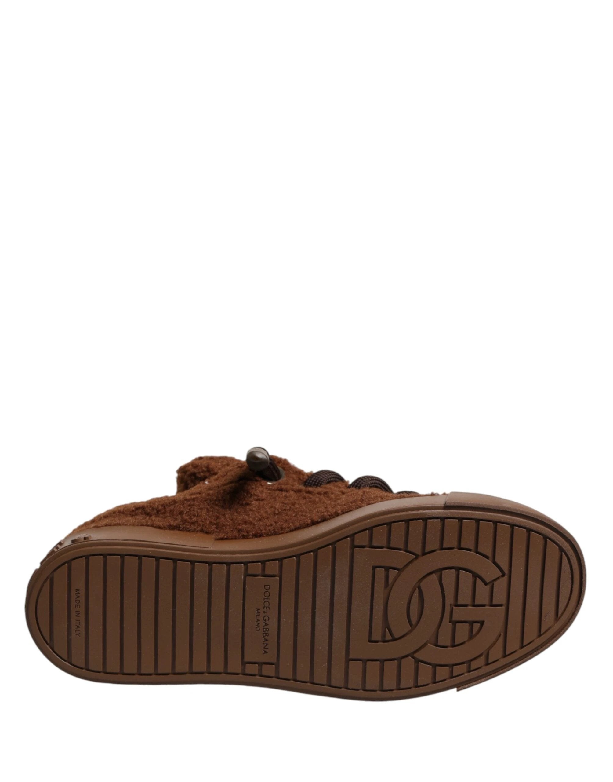 Dolce & Gabbana Brown Faux Shearling Low Top Sneakers Shoes by Dolce & Gabbana