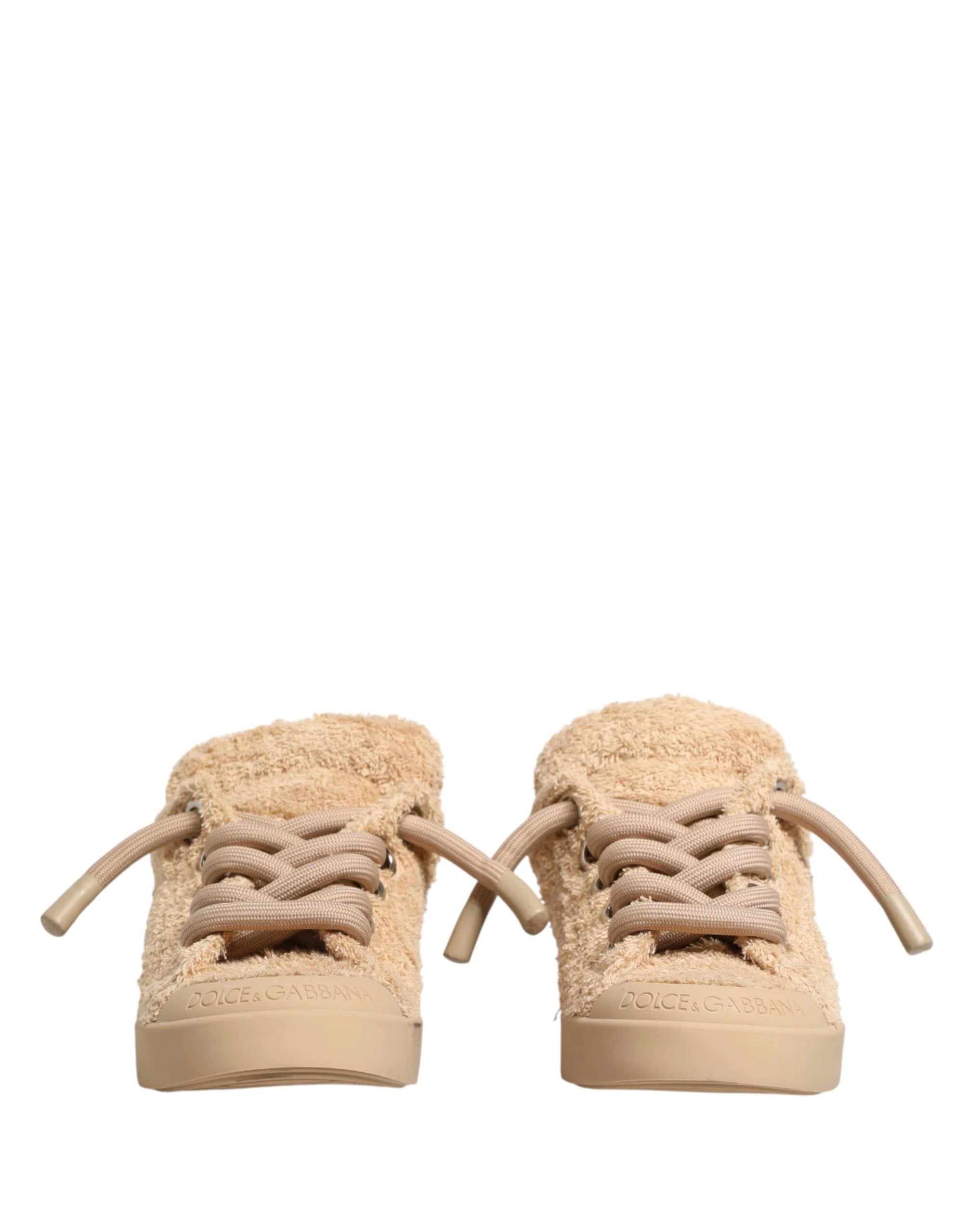 Dolce & Gabbana Shoes Beige Faux Shearling Low Top Sneakers by Dolce & Gabbana