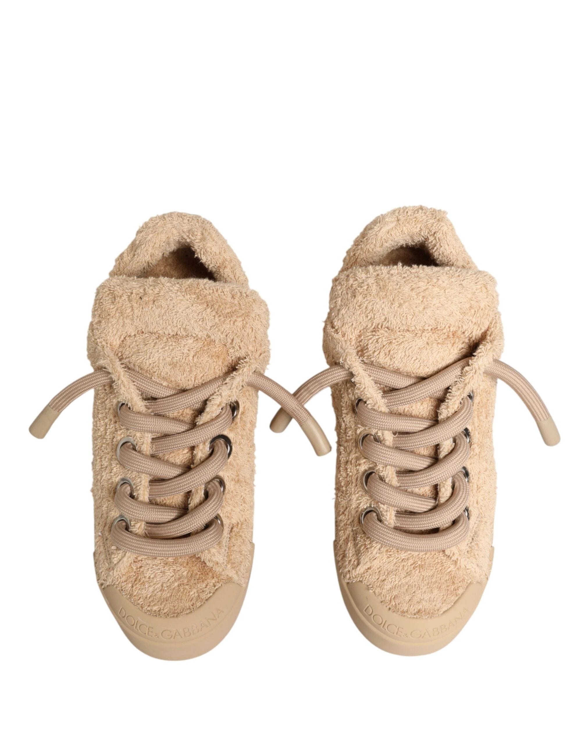 Dolce & Gabbana Shoes Beige Faux Shearling Low Top Sneakers by Dolce & Gabbana