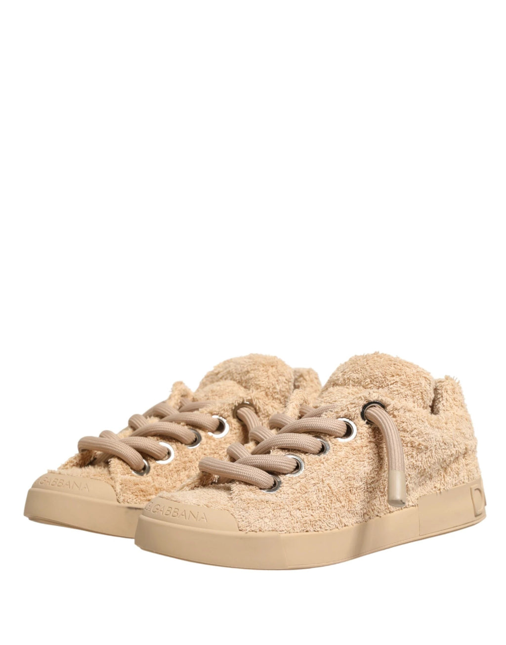 Dolce & Gabbana Shoes Beige Faux Shearling Low Top Sneakers by Dolce & Gabbana
