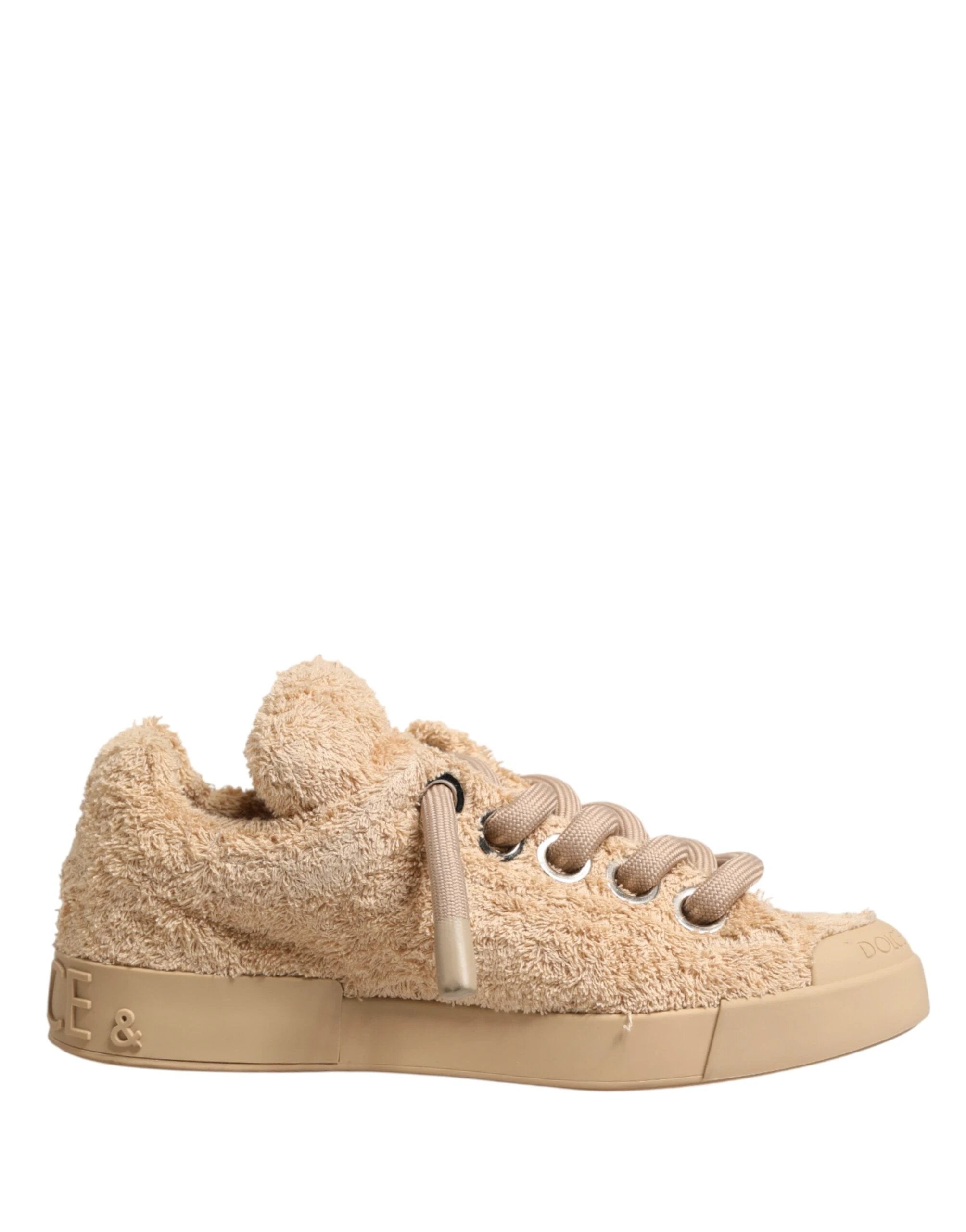 Dolce & Gabbana Shoes Beige Faux Shearling Low Top Sneakers by Dolce & Gabbana