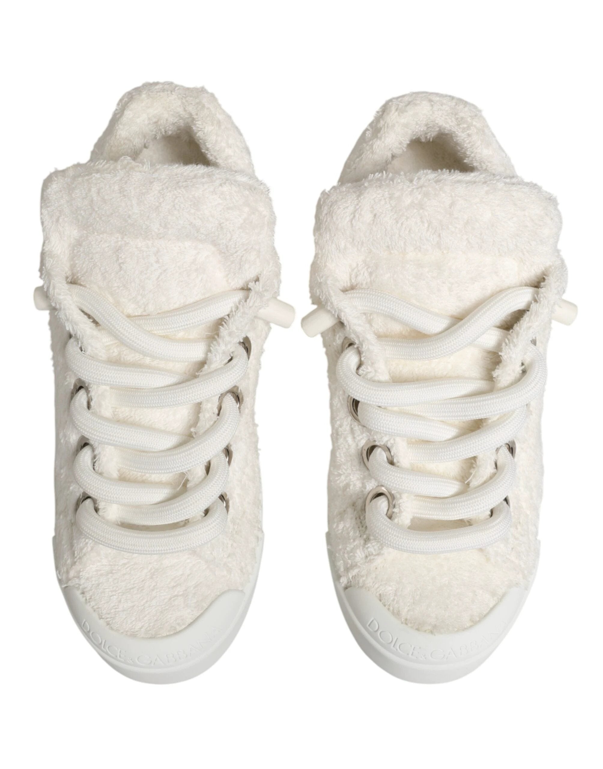 Dolce & Gabbana White Faux Shearling Low Top Sneakers Shoes by Dolce & Gabbana