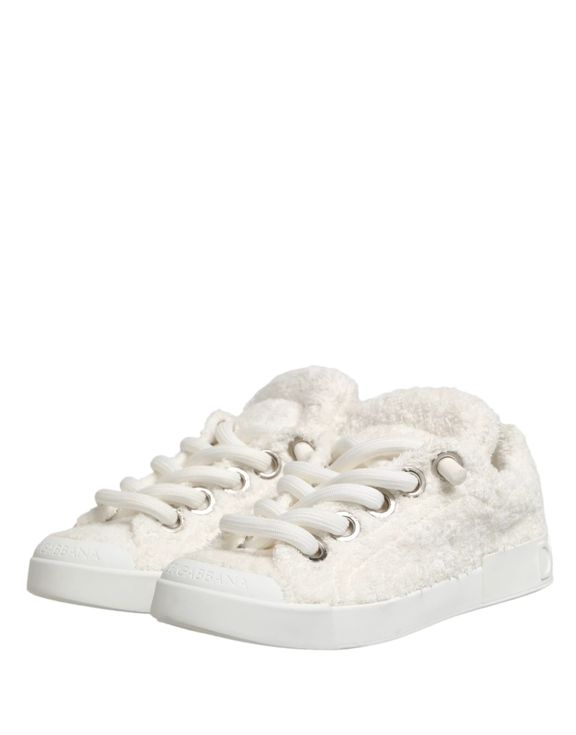 Dolce & Gabbana White Faux Shearling Low Top Sneakers Shoes by Dolce & Gabbana