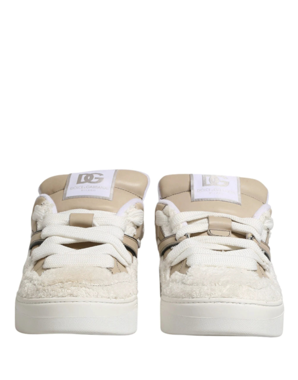 Dolce & Gabbana White Beige Faux Shearling Low Top Sneakers Shoes by Dolce & Gabbana