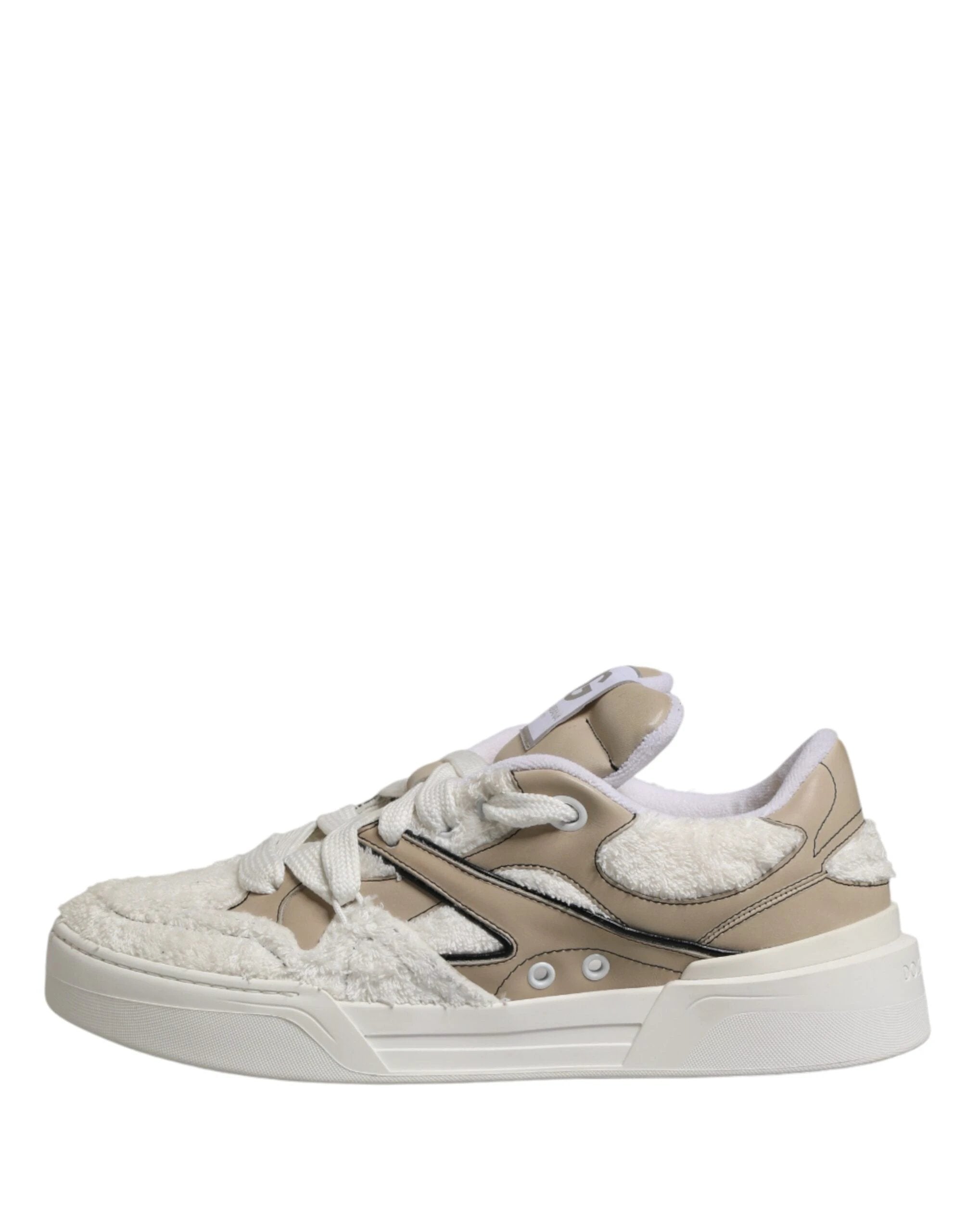 Dolce & Gabbana White Beige Faux Shearling Low Top Sneakers Shoes by Dolce & Gabbana
