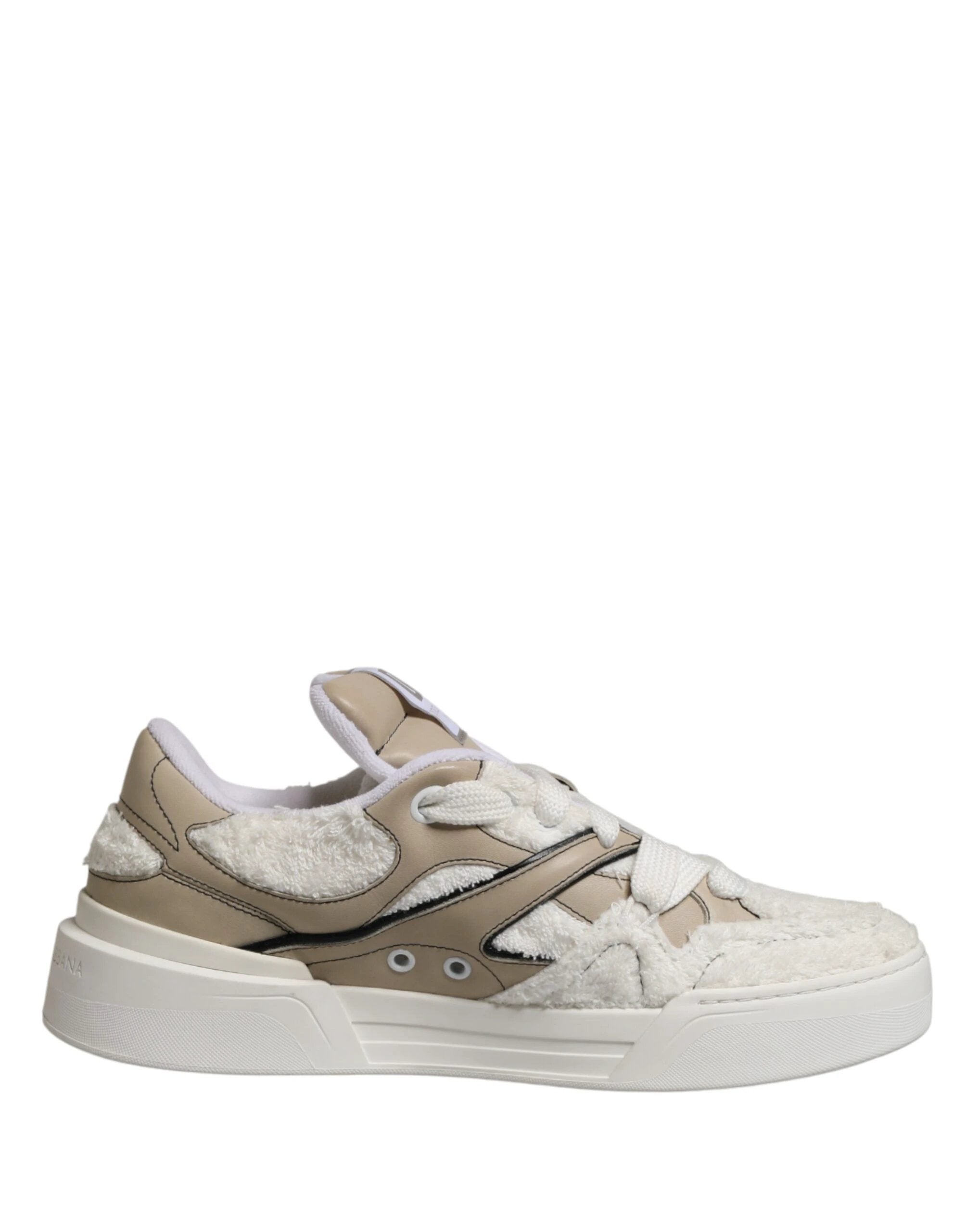 Dolce & Gabbana White Beige Faux Shearling Low Top Sneakers Shoes by Dolce & Gabbana