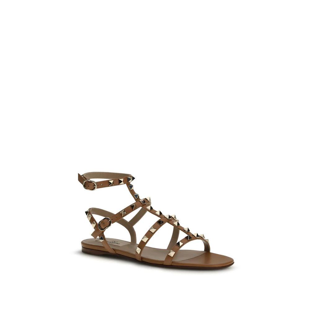 Valentino Garavani Beige Calf Leather Bos Taurus Flat Sandals by Valentino Garavani