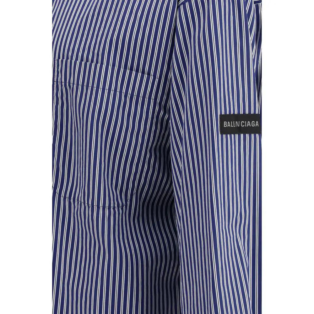 Men’s Blue Oversized Striped Shirt – Balenciaga Embroidered Poplin Logo SS26