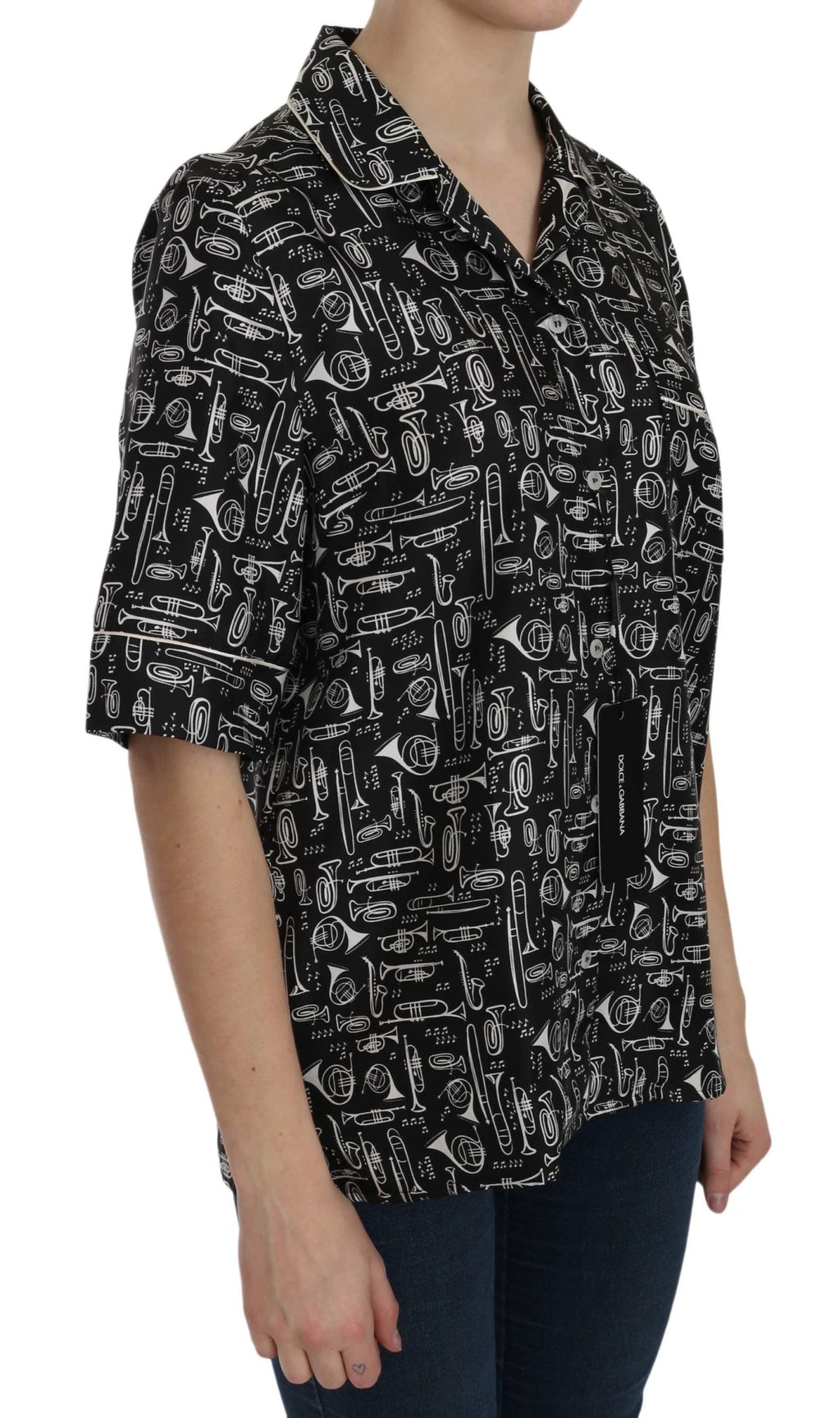 Dolce & Gabbana Black Musical Instrument Print Silk Top by Dolce & Gabbana