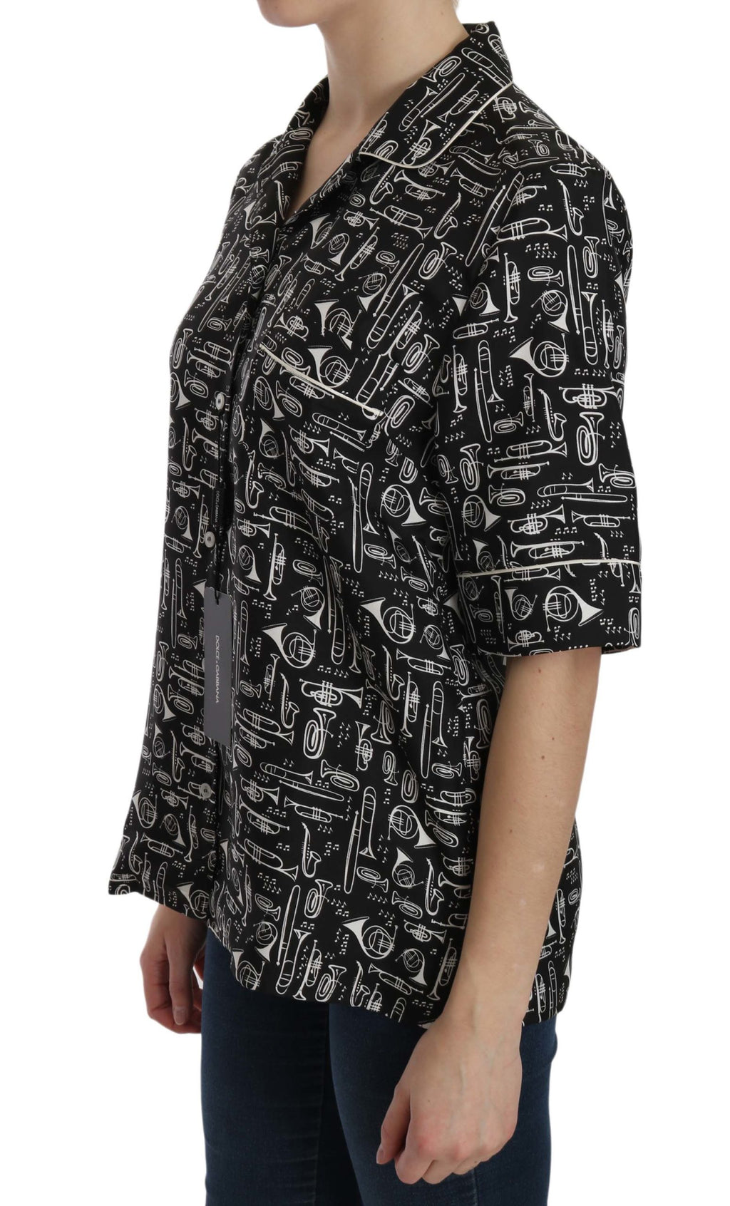 Dolce & Gabbana Black Musical Instrument Print Silk Top by Dolce & Gabbana