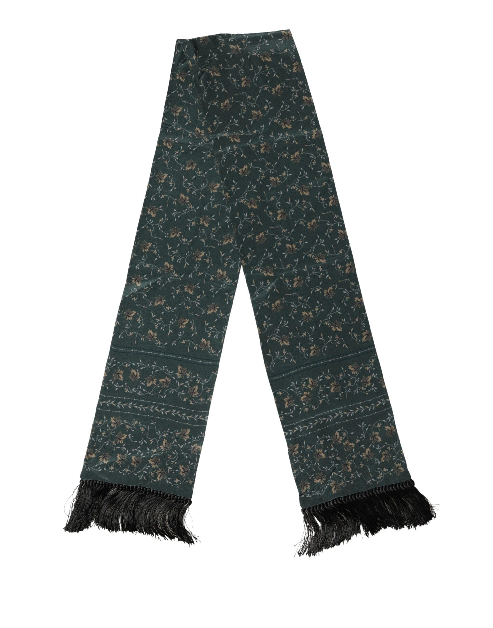 Dolce & Gabbana Green Silk Floral Pattern Fringed 135cm X 16cm Scarf by Dolce & Gabbana