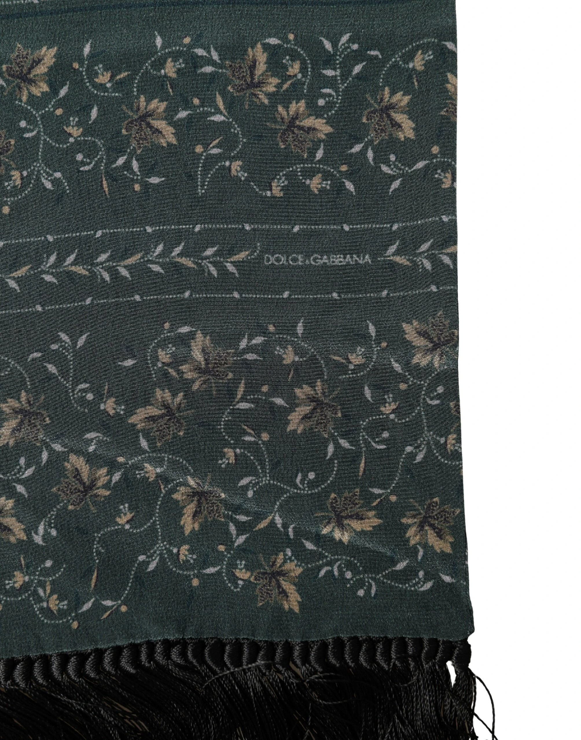 Dolce & Gabbana Green Silk Floral Pattern Fringed 135cm X 16cm Scarf by Dolce & Gabbana