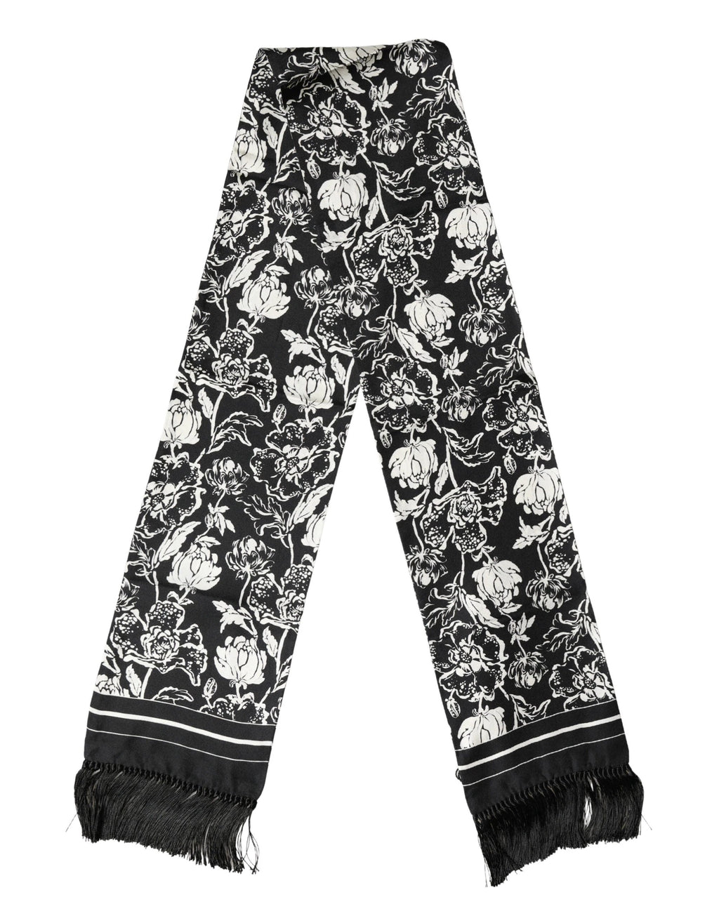 Dolce & Gabbana Black White Silk Floral Print Fringe 136cm X 15.5cm Scarf by Dolce & Gabbana