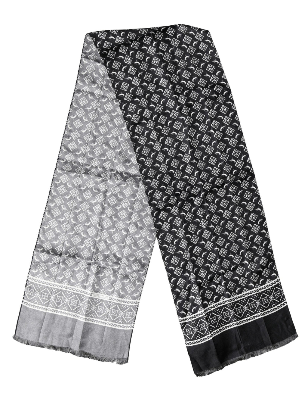 Dolce & Gabbana Black Gray Silk Bird Fringe Wrap Foulard 140cm X 23cm Scarf by Dolce & Gabbana