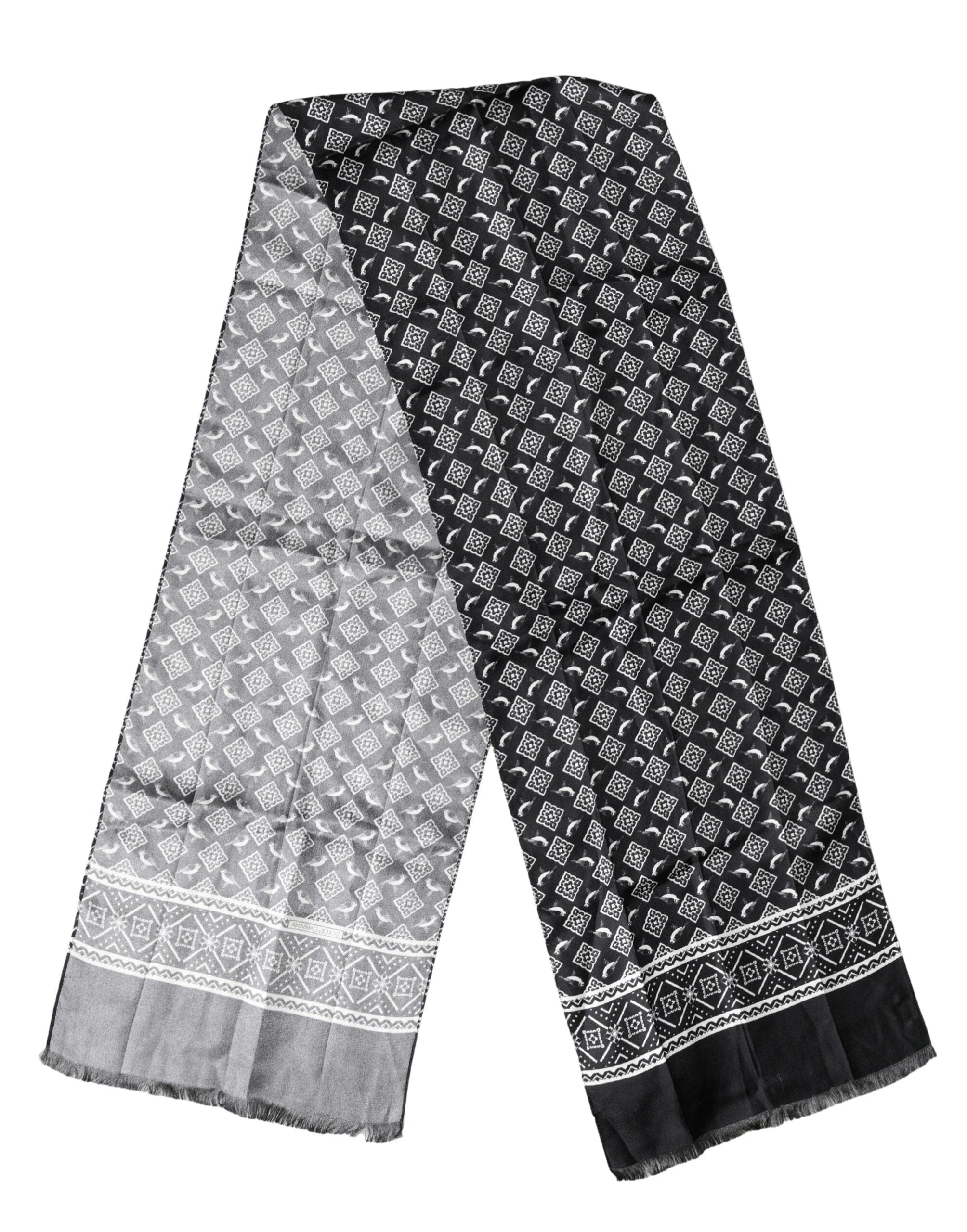 Dolce & Gabbana Black Gray Silk Bird Fringe Wrap Foulard 140cm X 23cm Scarf by Dolce & Gabbana