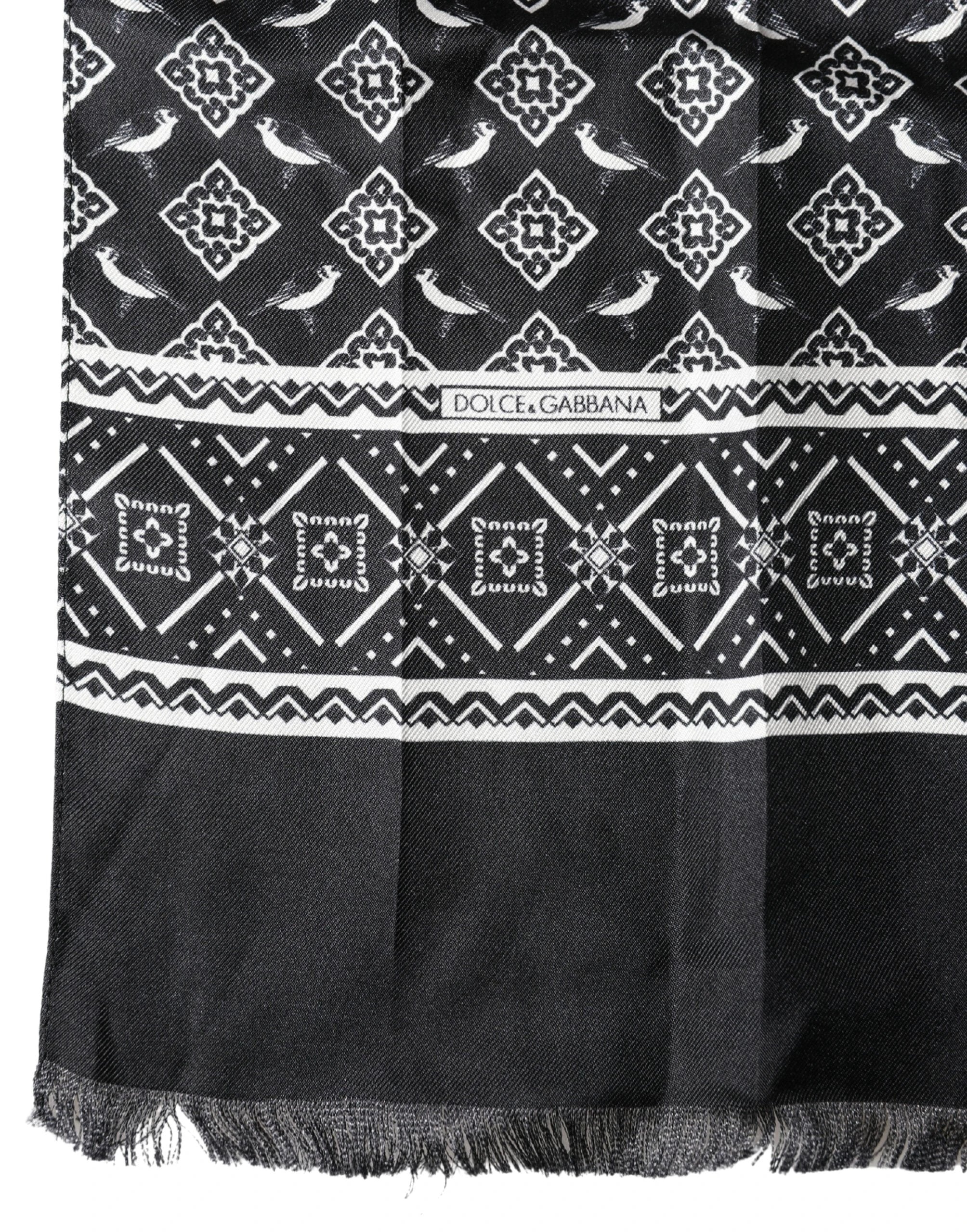 Dolce & Gabbana Black Gray Silk Bird Fringe Wrap Foulard 140cm X 23cm Scarf by Dolce & Gabbana