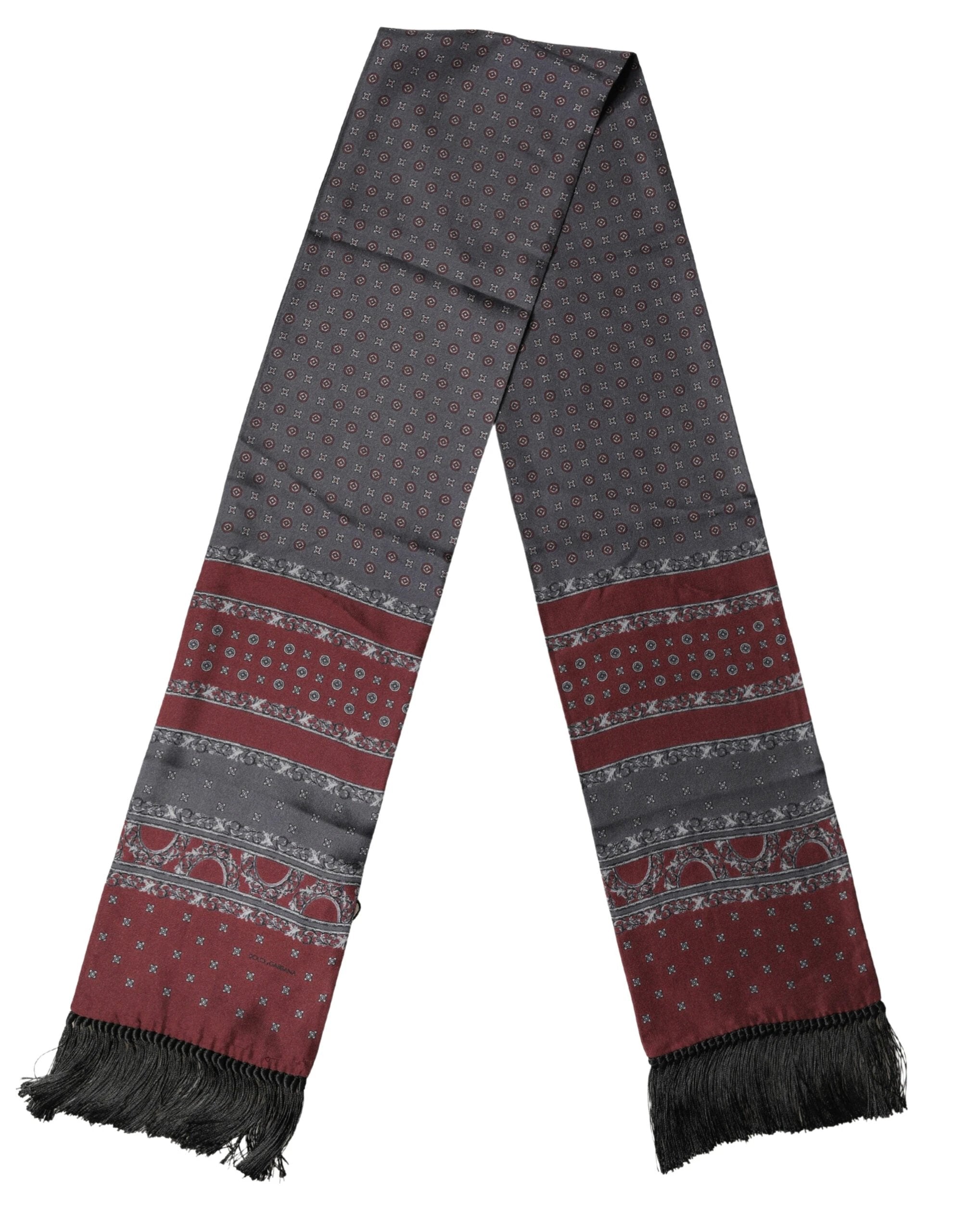 Dolce & Gabbana Burgundy Gray Patterned Fringe Foulard 141cm X 15.5cm Scarf by Dolce & Gabbana
