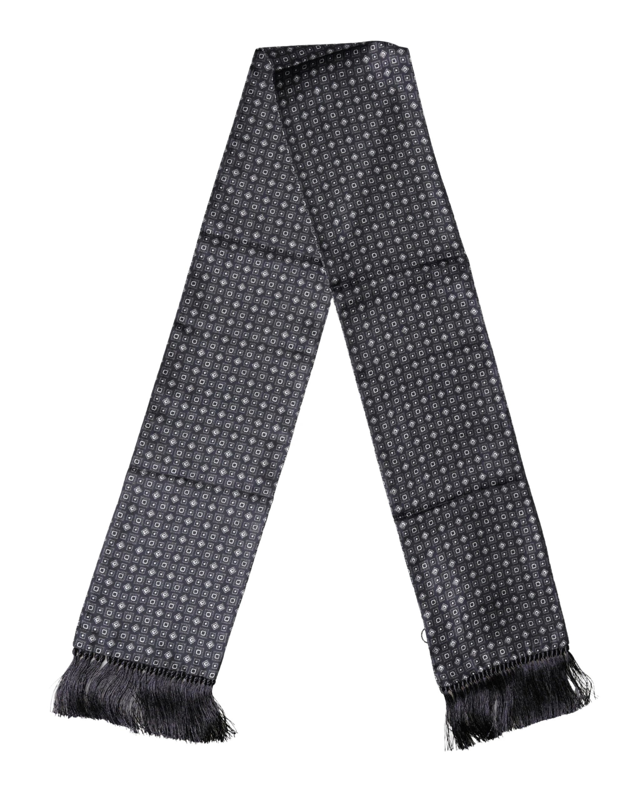Dolce & Gabbana Black Silk Geometric Fringe Wrap Foulard 136cm X 15cm Scarf by Dolce & Gabbana