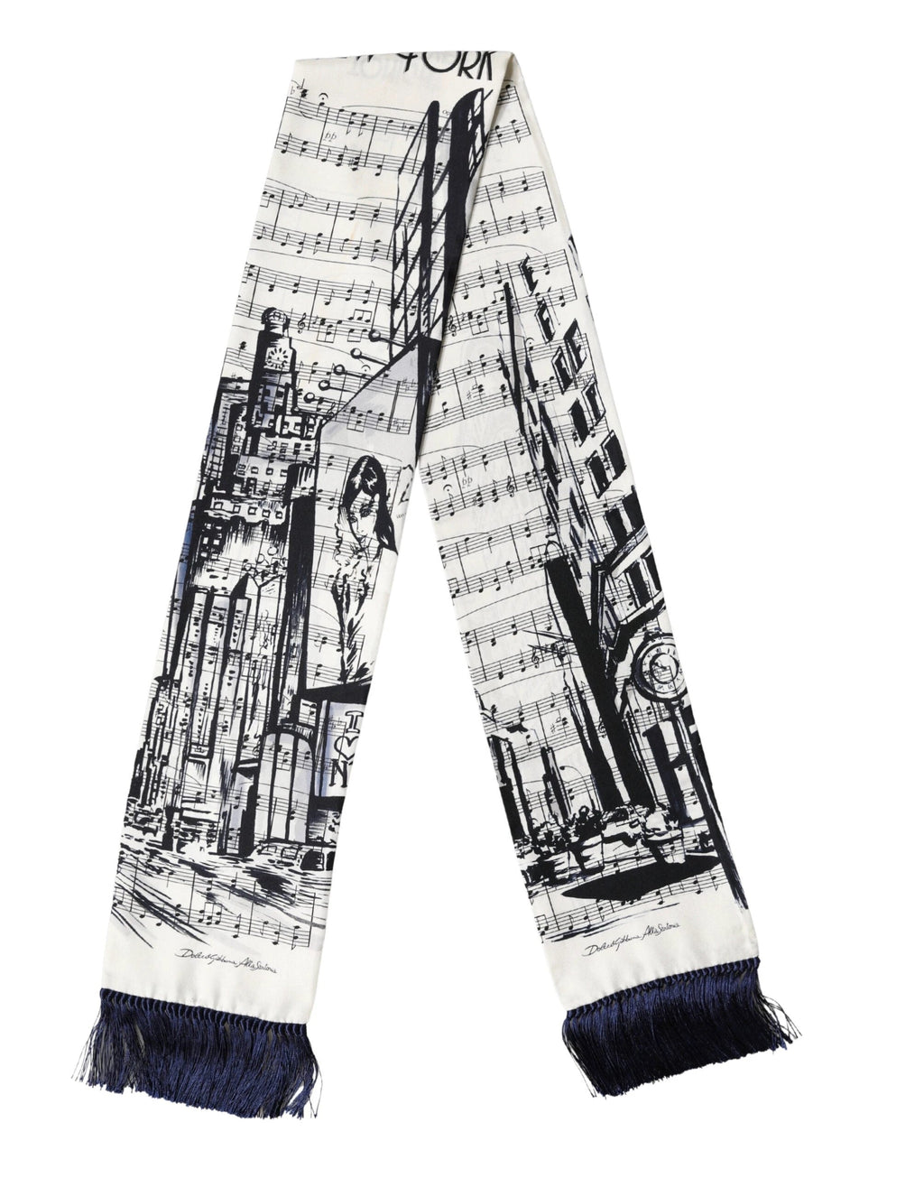 Dolce & Gabbana White Black Music City Print Silk Fringe 141cm X 15cm Scarf by Dolce & Gabbana