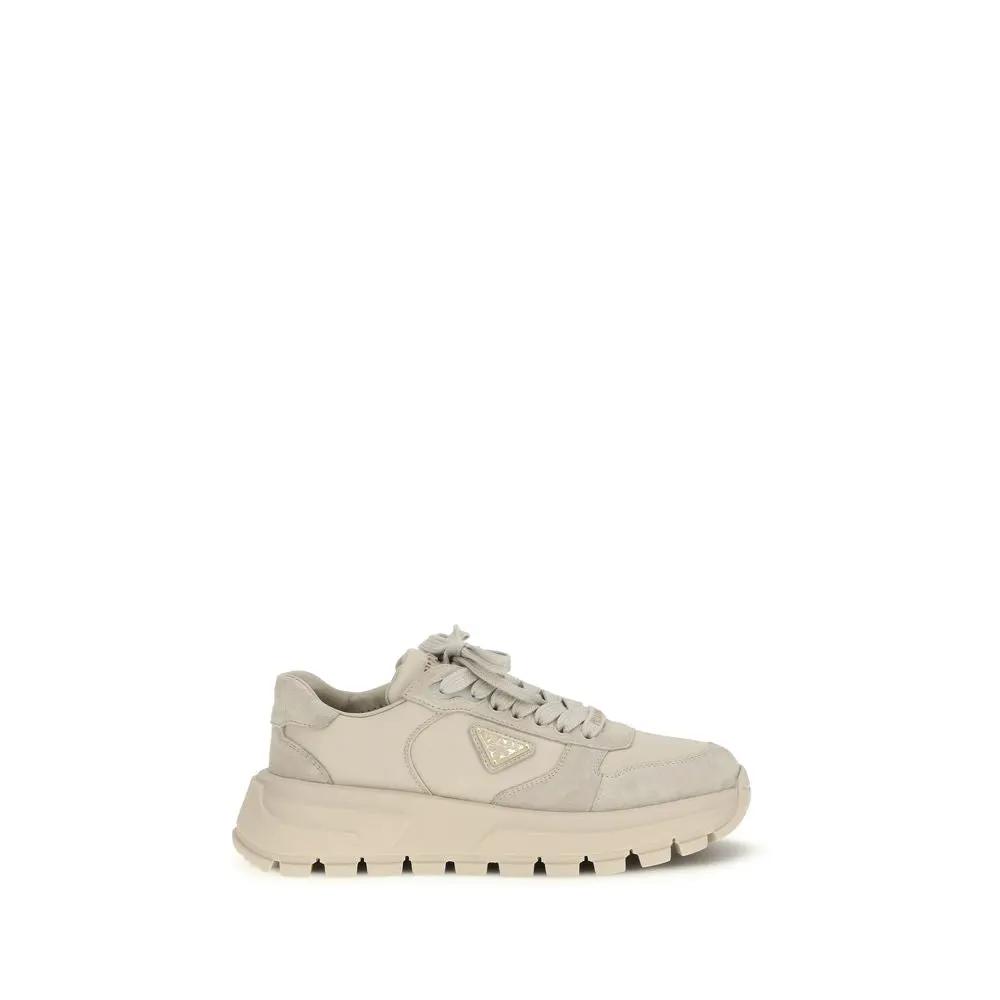 Women’s Beige Suede & Re-Nylon Sneakers – Prada Athletic Lace-Up Shoes SS26