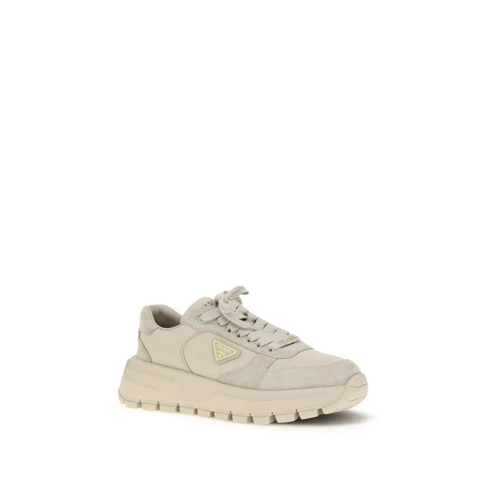 Women’s Beige Suede & Re-Nylon Sneakers – Prada Athletic Lace-Up Shoes SS26