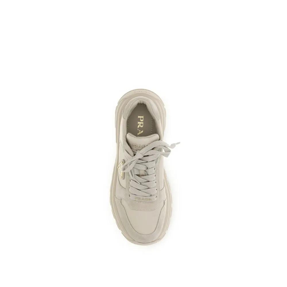 Women’s Beige Suede & Re-Nylon Sneakers – Prada Athletic Lace-Up Shoes SS26