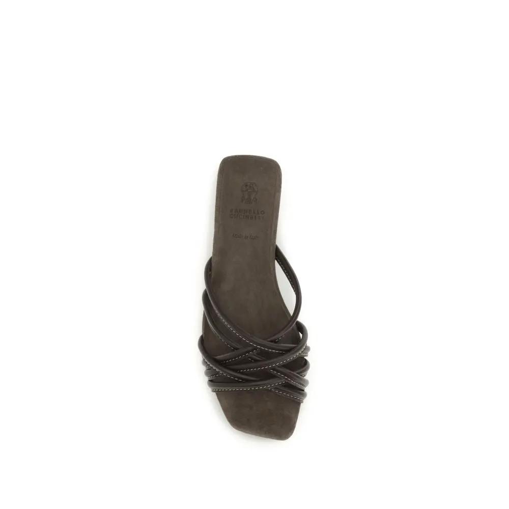 Brunello Cucinelli Brown Calf Leather Bos Taurus Flat Sandals