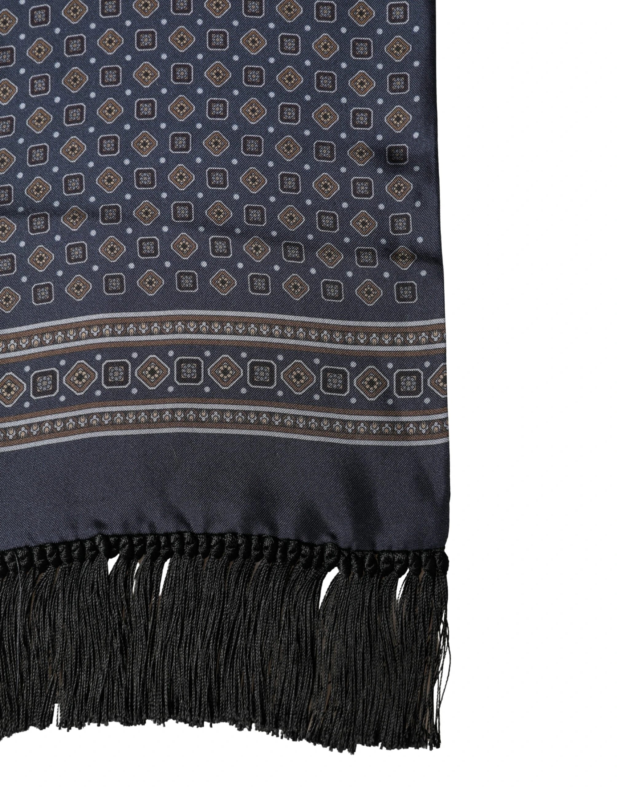 Dolce & Gabbana Navy Silk Geometric Fringe Foulard 137cm x 18cm Scarf by Dolce & Gabbana