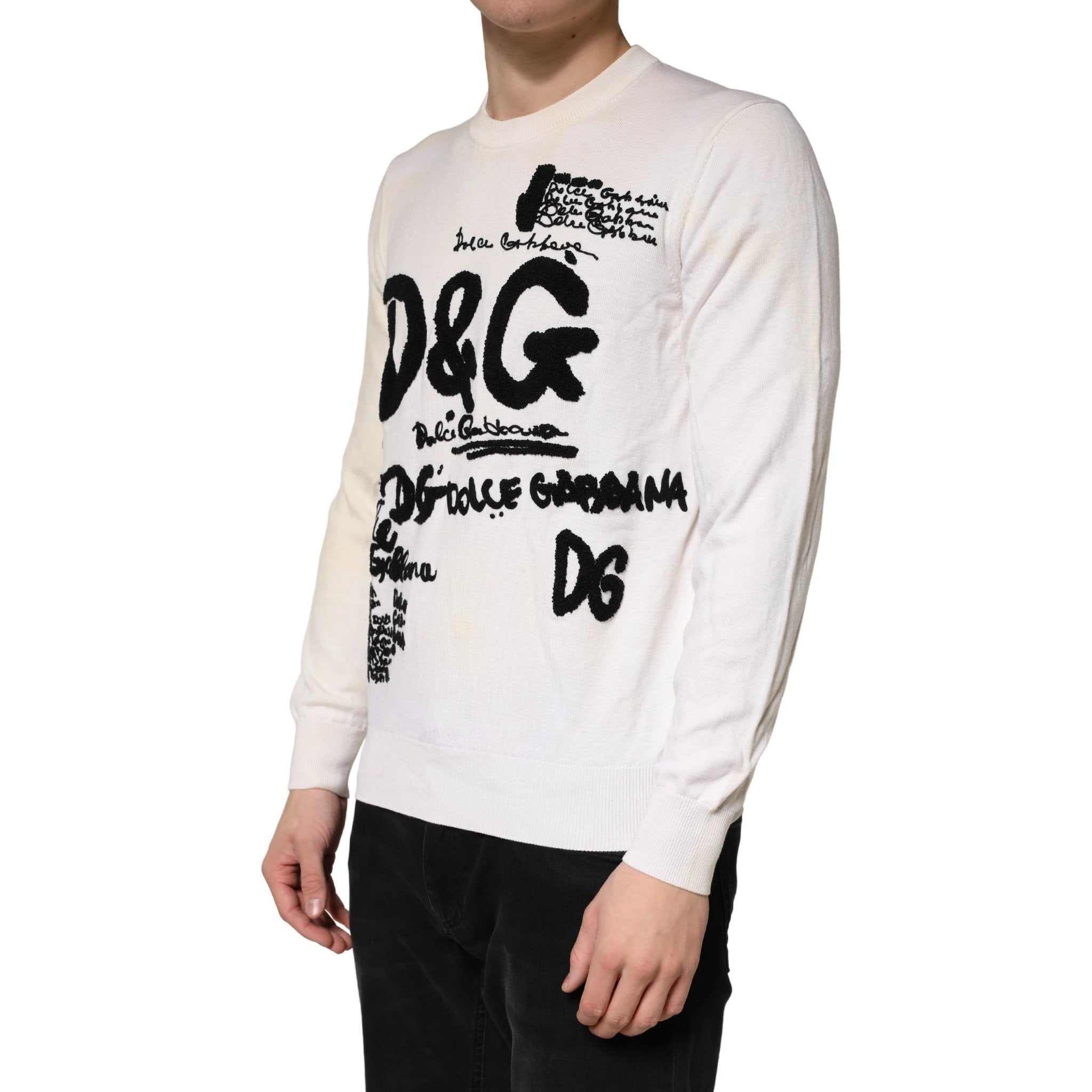 Dolce & Gabbana White Virgin Wool Graphic Logo Crewneck Sweater by Dolce & Gabbana