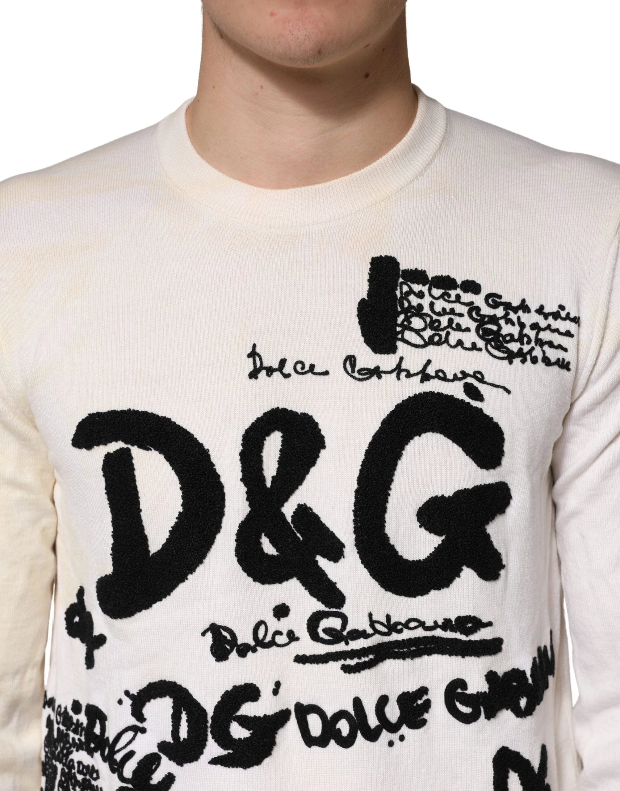 Dolce & Gabbana White Virgin Wool Graphic Logo Crewneck Sweater by Dolce & Gabbana