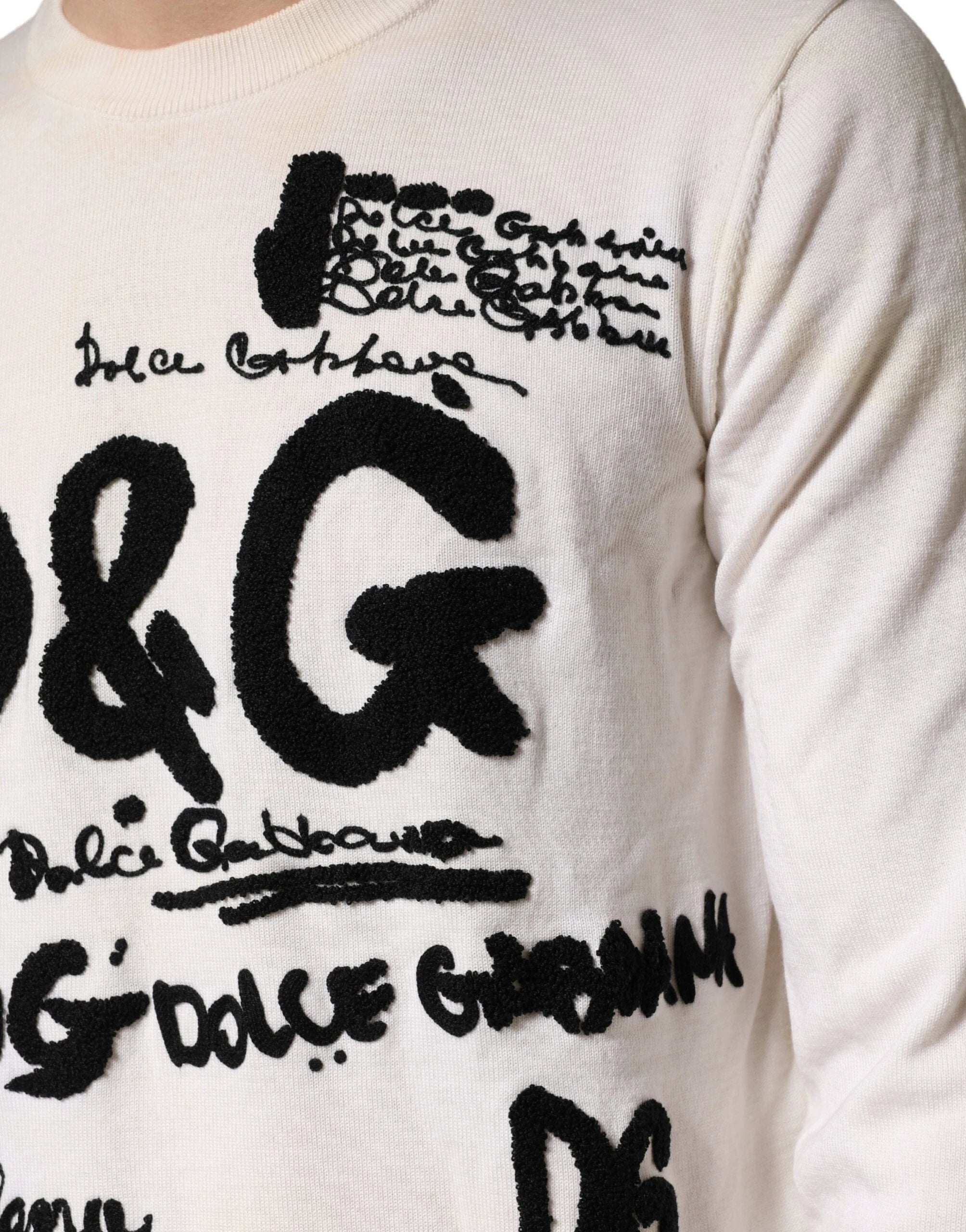 Dolce & Gabbana White Virgin Wool Graphic Logo Crewneck Sweater by Dolce & Gabbana