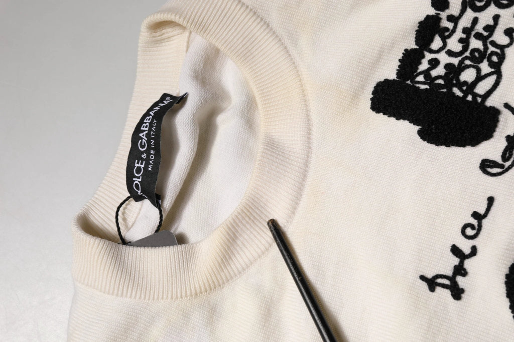 Dolce & Gabbana White Virgin Wool Graphic Logo Crewneck Sweater by Dolce & Gabbana